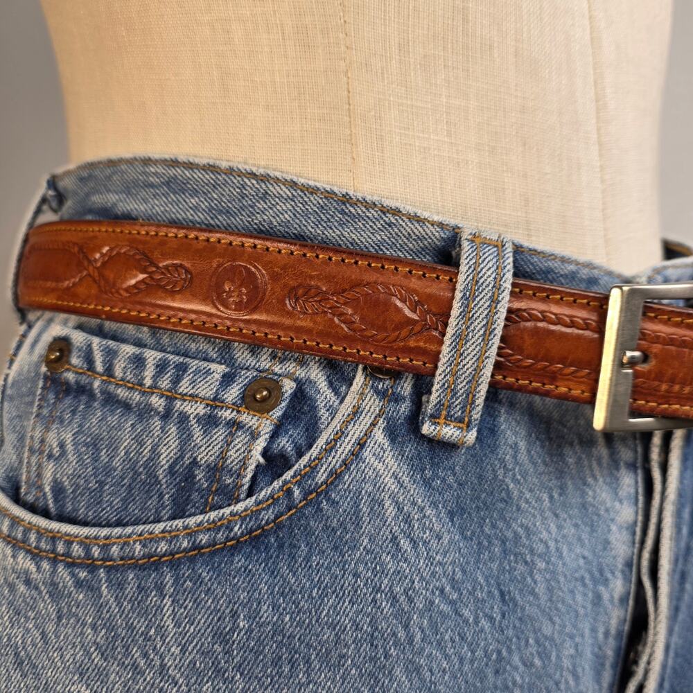 Vintage Italian Leather Belt Brown Tooled Western Boho Fleur De Lis